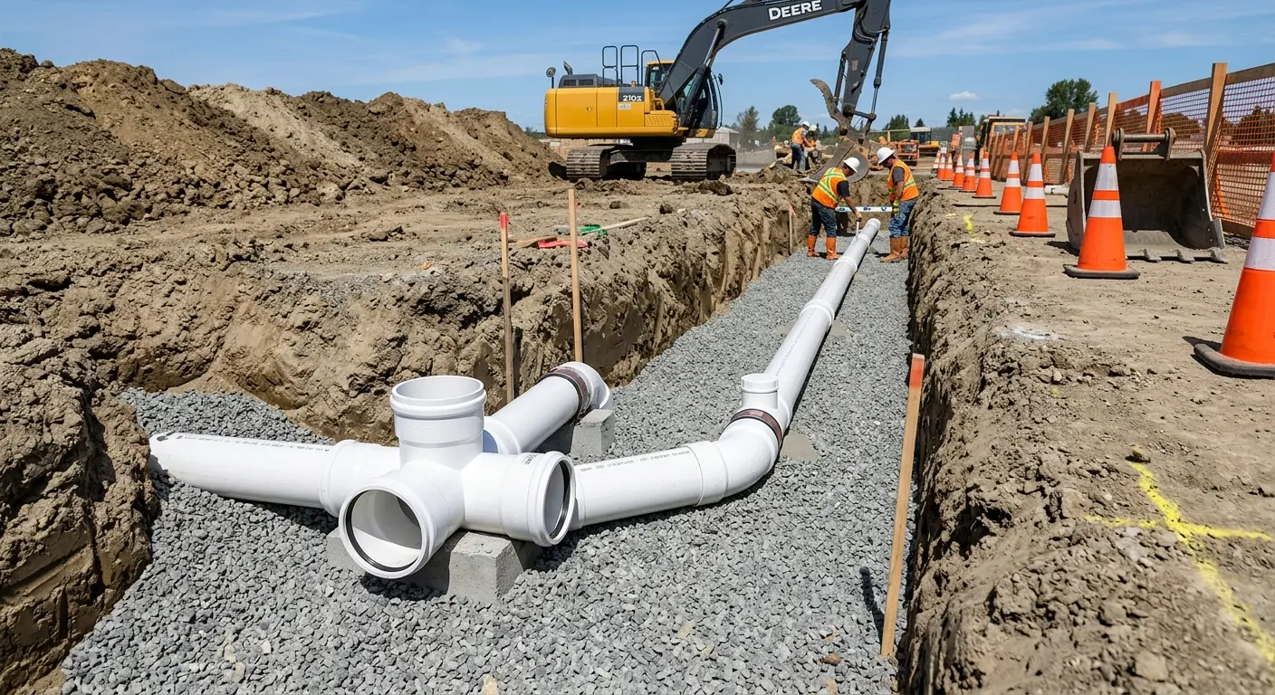 New PVC sewer pipe installation in open trench for Commercial Drain Cleaning in Silver Lakes