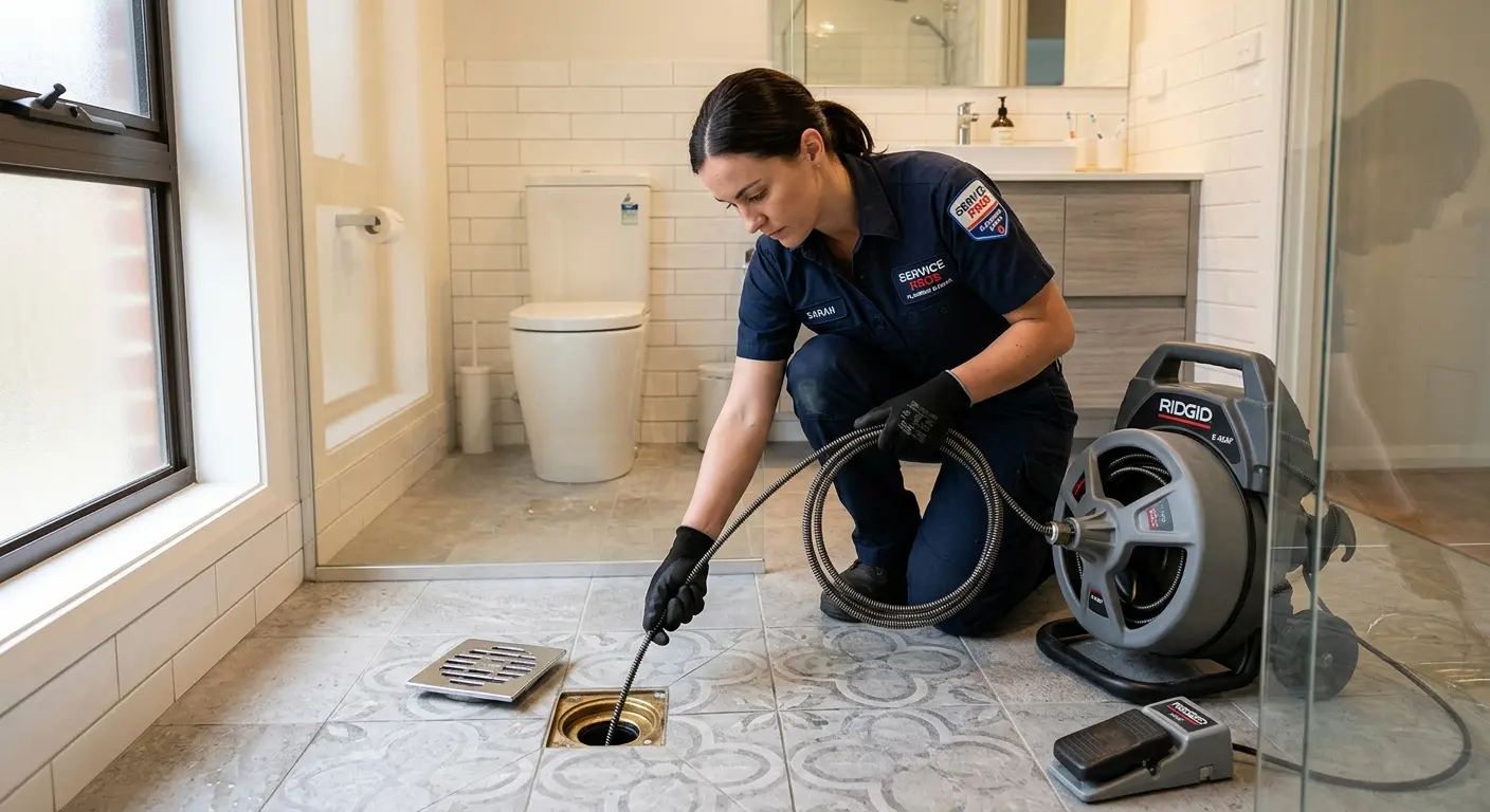 Technician clearing a bathroom floor drain for Hydro Jetting in Silver Lakes